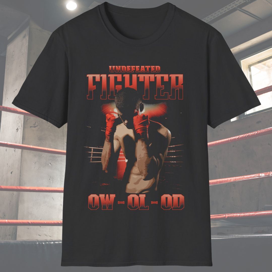 Muay Thai shirt with a design that has the words undefeated fighter at the top of the design and 0W 0L 0D at the bottom of the designs. The design has a fighter with his hands up in the ring