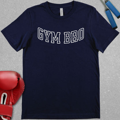 Navy shirt with white text that says GYM BRO