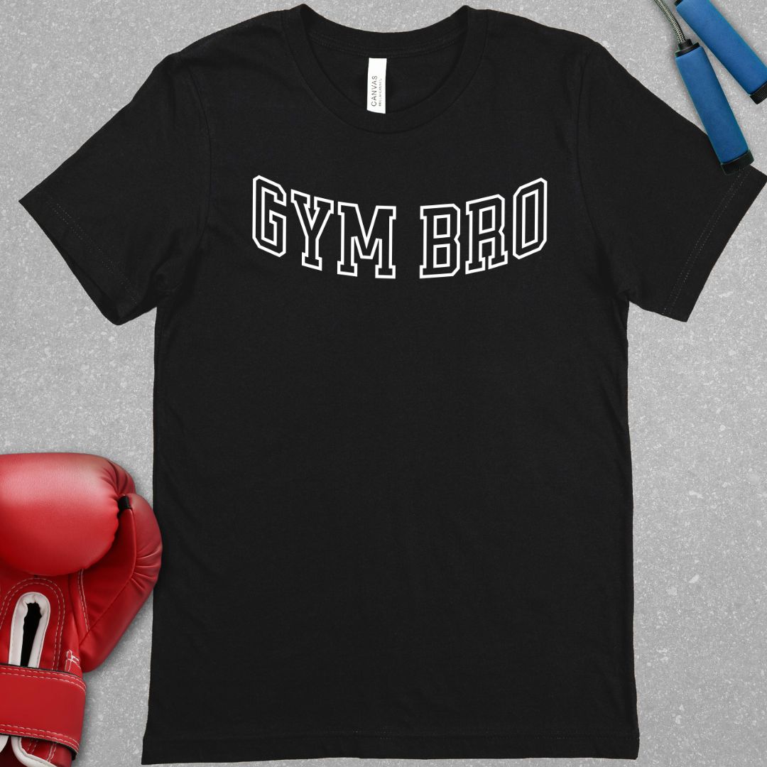 Black shirt with white text that says GYM BRO