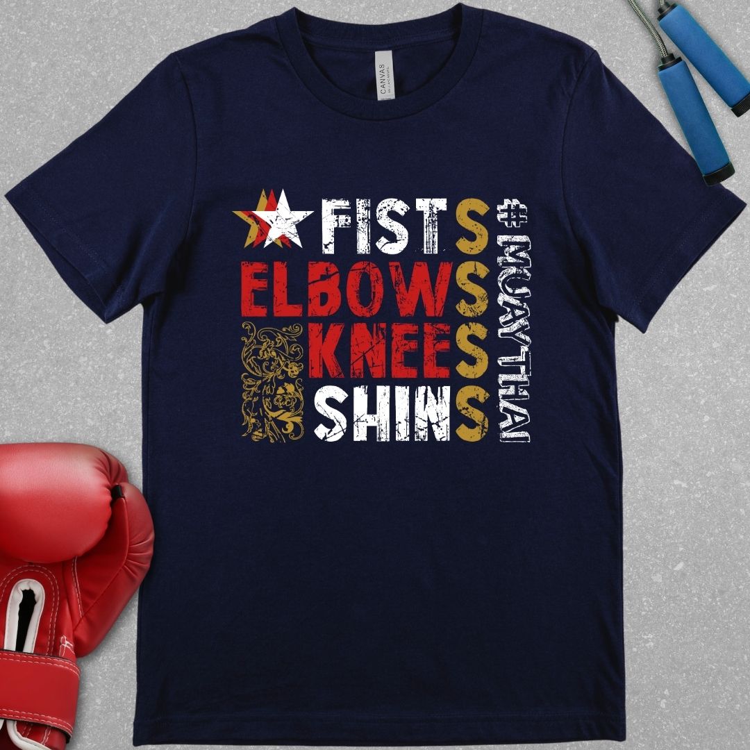 Navy shirt with a design that lists all 8 weapons of Muay Thai