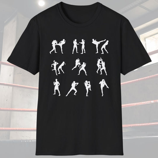 Black shirt with 10 white silhouettes of muay thai fighters striking. 