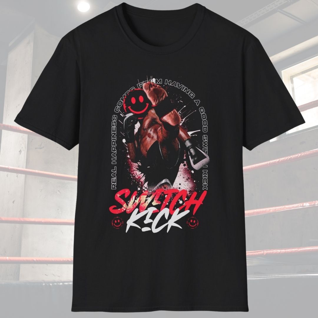 Black shirt with a design of a Muay Thai fighter throwing a switch kick with a smile on his face and the phrase around the fighter that says Real Happiness Comes From Having A Good Switch Kick.