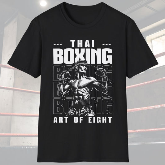 Black shirt with a design that has a picture of a muay thai fighter and it says Thai Boxing