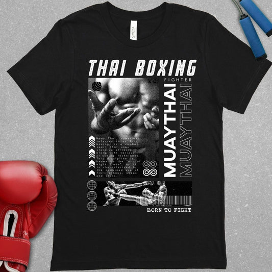 Black shirt with a design that includes the words Thai Boxing at the top and Muay Thai down the sides. The T-shirt also has a picture that is a close-up of a Muay Thai fighters wrapped hands and at the bottom there is a small picture of two Muay Thai fighters in battle.