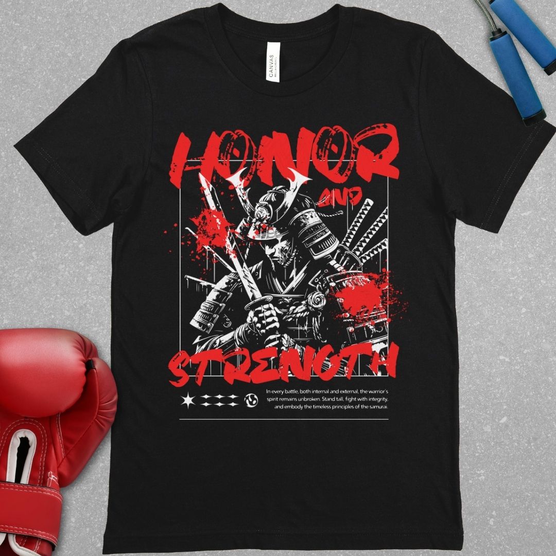 Black shirt with a picture of a Samurai and the words Honour and Strength 