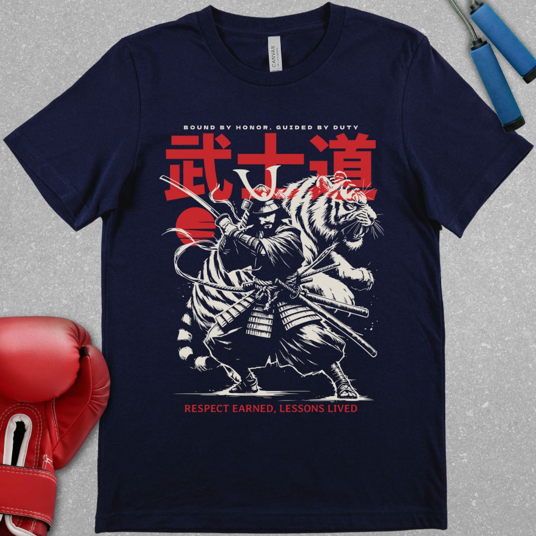 Navy shirt with a design of a samurai and a tiger behind him