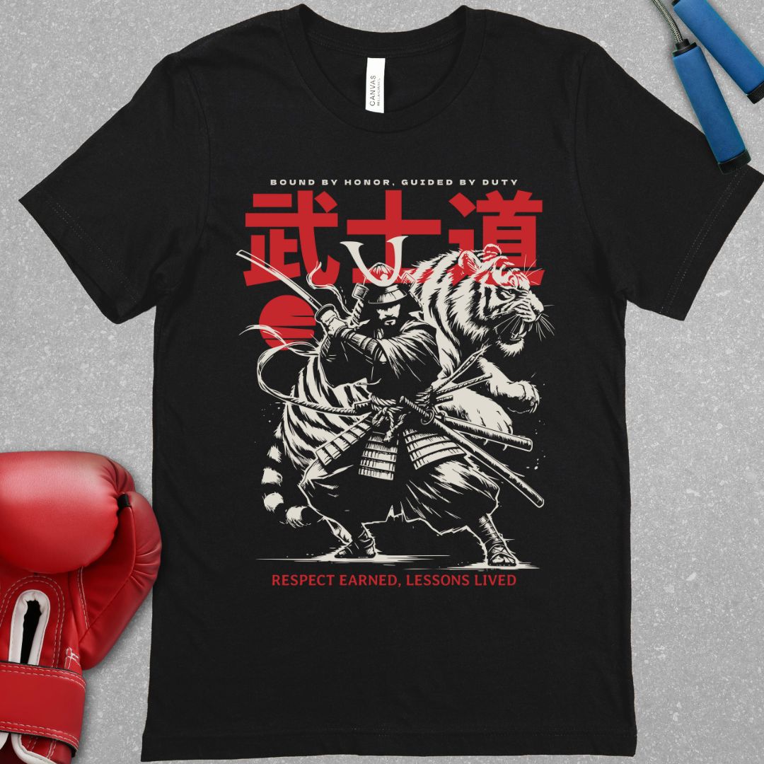 Black shirt with a design of a samurai and a tiger behind him