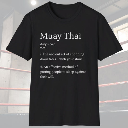 Black shirt with a white design. The design has funny definitions of Muay Thai. 