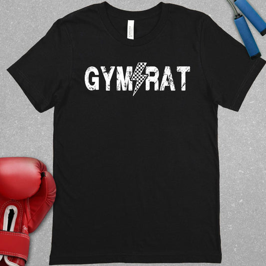 Black shirt with text that says GYM RAT