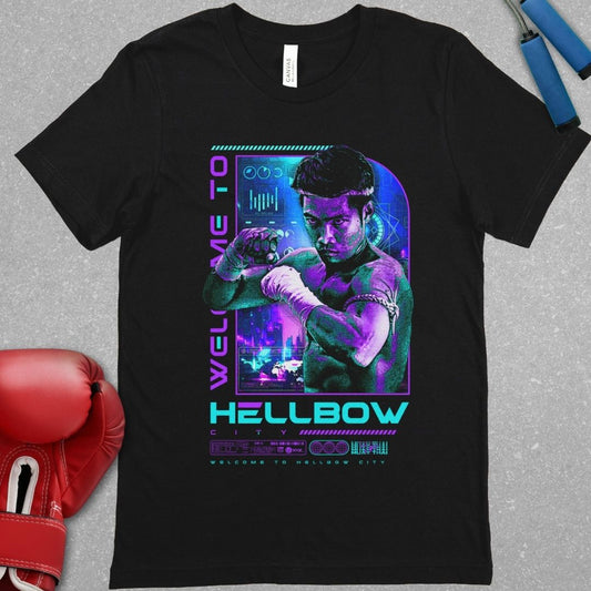 Black Shirt with a design of a Muay Boran fighter with the phrase Welcome To Hellbow City.