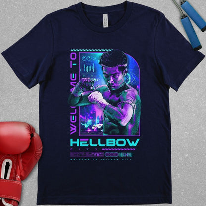 Navy Shirt with a design of a Muay Boran fighter with the phrase Welcome To Hellbow City.