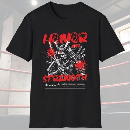 Black shirt with a picture of a Samurai and the words Honour and Strength 